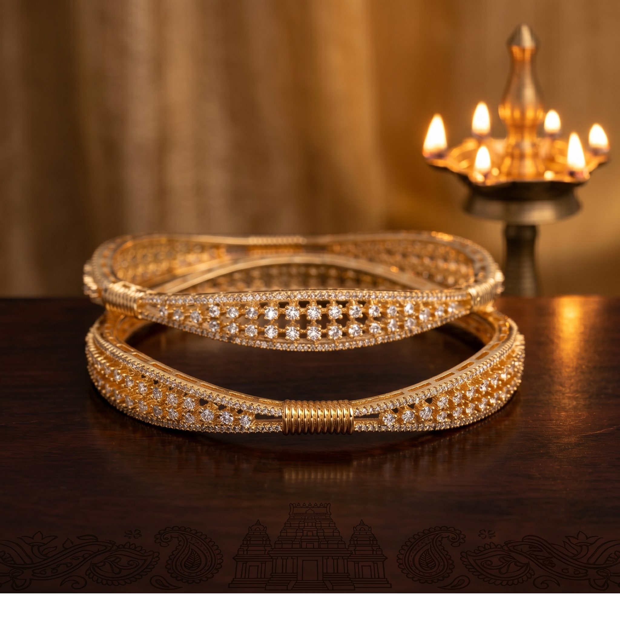 Diamond Pattern Gold Plated AD Bangle alternate angle - Avalna